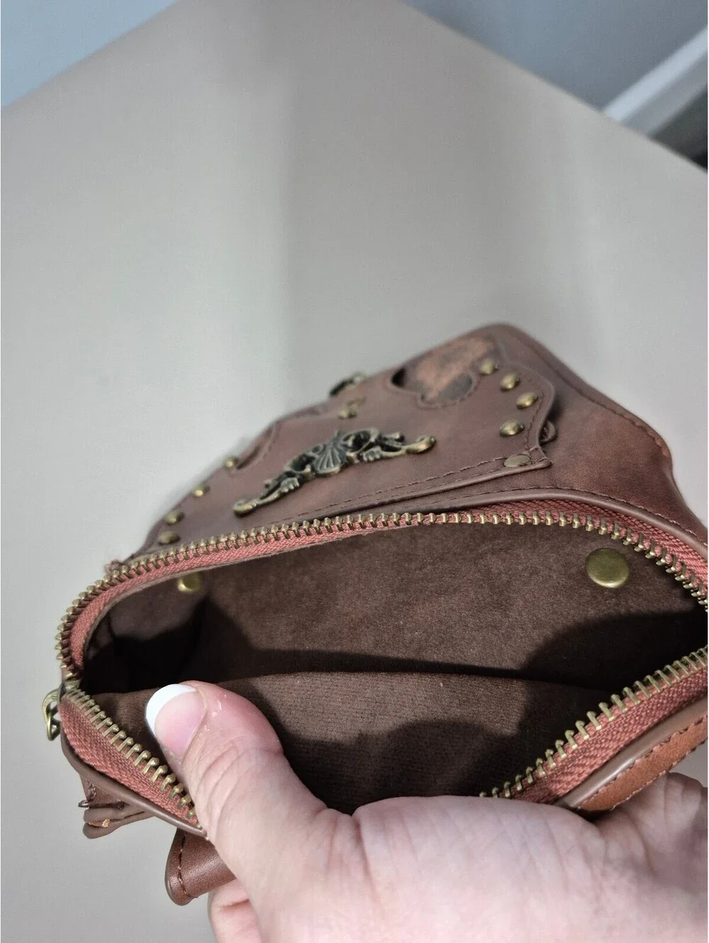 Steampunk Gothic Mini Crossbody Waist Bag Brown Studded Chain